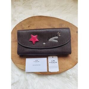 NWD Coach Slim Envelope Leather Wallet With Coach Bear Emoji Oxblood $275 DEFECT